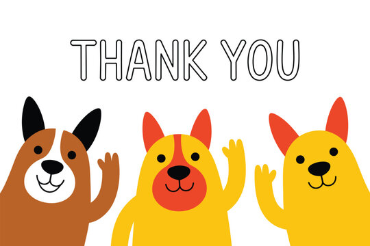 Three cartoon dogs wave their paws and say thank you with text above them.