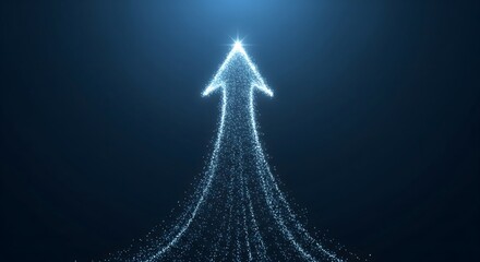 Abstract blue glowing arrow formed by sparkling particles moving upwards, symbolizing success, future growth, and digital technology advancement.