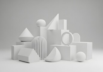 Abstract composition of various white geometric shapes and forms arranged on a seamless light gray background studio setting