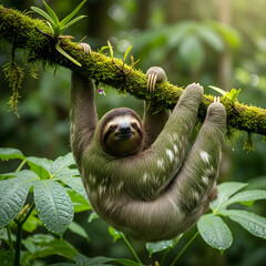 Fototapeta premium Adorable Sloth Clinging to Mossy Branch in Rainforest