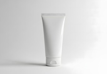 Minimalist clean white cosmetic tube with flip top cap isolated on a plain light gray background for product mockups