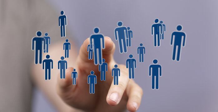 Hand pointing at human silhouettes symbolizing teamwork, community, and recruitment. Ideal for business, HR, an