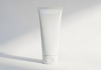 Minimalist white tube of skincare product with soft shadows and natural light on a clean white background