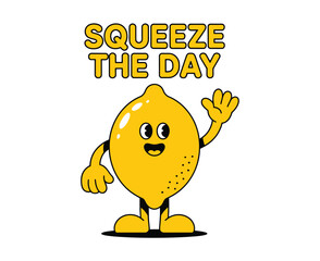A cartoon lemon character with a friendly face and a waving hand stands below the text "SQUEEZE THE DAY" on a white background.