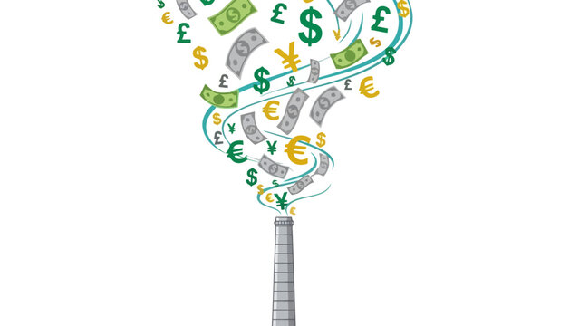 A smokestack emits currency symbols and bills forming a vortex