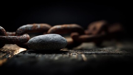 A close-up shot of a smooth gray stone amidst rusted chain links on a dark textured surface
