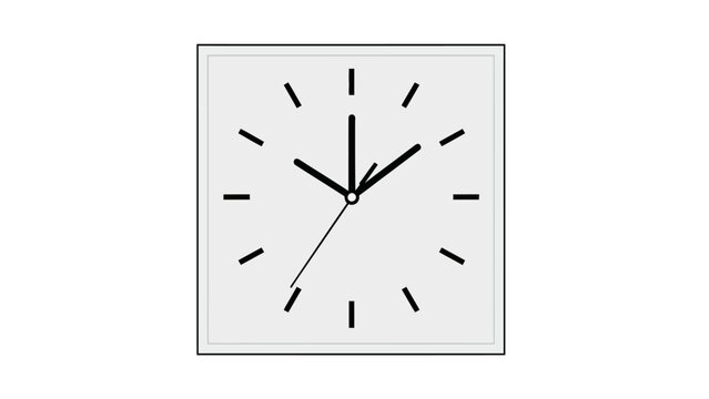 A square clock face with black hands and hour markers on a light gray background