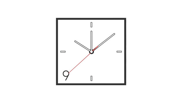 A square clock with two black hands and a red second hand