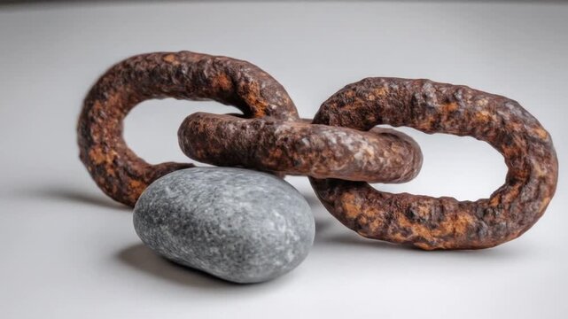 Artistic still life featuring three rusted chain links, a stone, and a neutral background