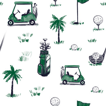 Golf sketch seamless pattern. Sports tools illustration. Hand drawn