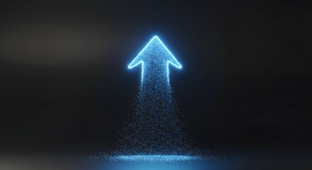 Digital upward arrow composed of glowing blue particles on a dark background, symbolizing growth, success, and progress.