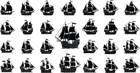 Sailing ship silhouettes, vintage vessels, maritime icons, tall ships, sea travel, rigging, sails, flags, nautical design, historic fleet, black vector art © Ideasy Mind