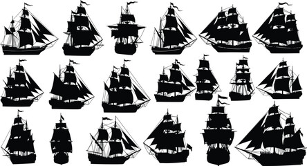 Sailing ship silhouettes, vintage vessels, nautical icons, maritime history, tall ships, rigging, sails, flags, sea travel, black vector illustration © Ideasy Mind