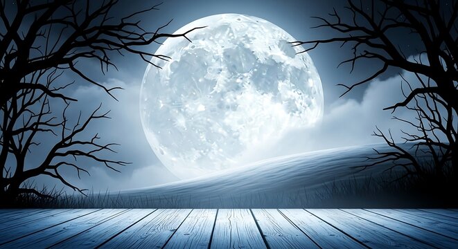 Eerie halloween night scene featuring a full moon illuminating a barren landscape with gnarled trees and a weathered wooden platform in the foreground