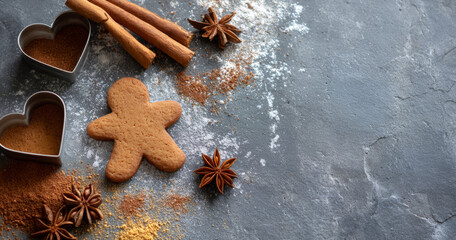 Gingerbread cookie with cinnamon sticks, star anise, and heart-shaped cookie cutters on a textured gray surface with scattered spices