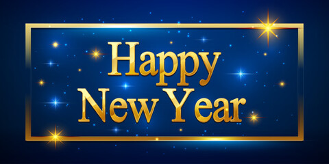 Happy New Year gold in a frame on a blue starry background