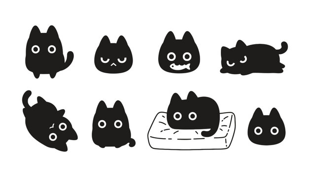 Cute black cat vector illustration set cartoon character