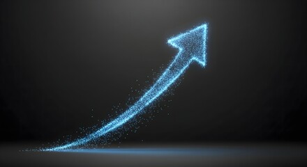 Blue glowing particle arrow moving upwards on a black background symbolizing digital growth and success.