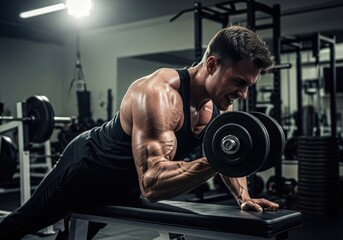 Man working out with dumbbells in a gym, focused on bicep curls