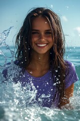 Obraz premium Happy stress-free getaway visual idea. Bright Ñommercial style. Attractive and hot happy mixed-race young woman in purple tight t-shirt enjoying turquoise sea, splashes around her.