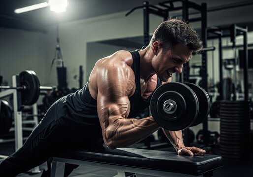 Man working out with dumbbells in a gym, focused on bicep curls