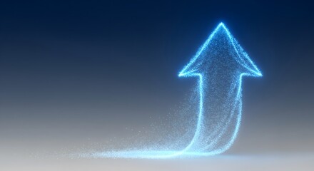 Abstract blue glowing particle arrow soaring upward on a dark background symbolizing increasing growth, success, and digital trend movement
