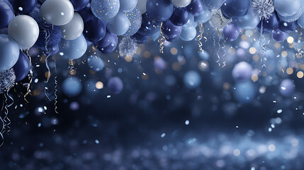 Blue and white balloons with streamers and bokeh lights silver