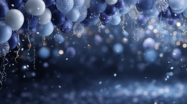 Blue and white balloons with streamers and bokeh lights silver