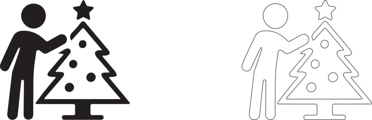 Man decorating a Christmas tree. Vector icon.