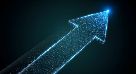 Abstract blue glowing neon particle arrow moving diagonally upwards on a dark background symbolizing growth and technological progress.