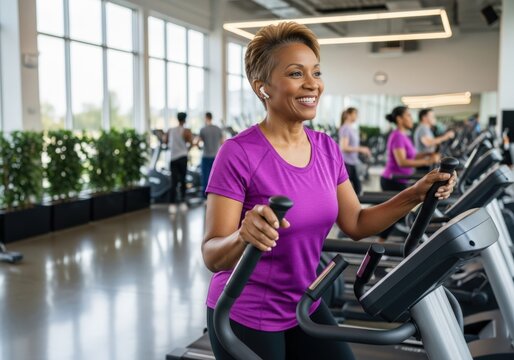 Smiling woman exercising on elliptical machine at a modern gym