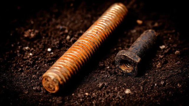 Macro shot of a rusty, threaded bolt lying on dark, textured ground. A small, rusty nut is near it
