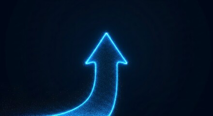Glowing blue particle arrow moving upwards, symbolizing digital growth, progress, and futuristic technology success against a dark background.