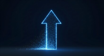 Digital arrow made of blue particles moving upwards on a dark background representing growth and technology.