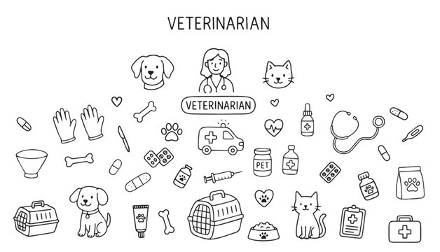 A vector illustration depicting various veterinary tools includes medical equipment and pet care essentials related to veterinary topics.