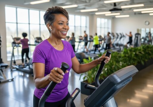 Smiling woman working out on elliptical machine at modern fitness center