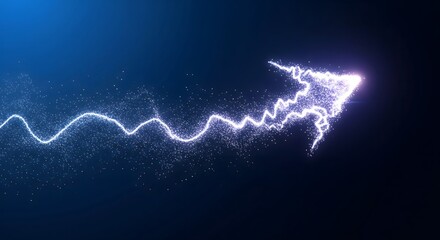 Abstract wavy stream of glowing digital particles forming an upward arrow on a dark blue background, symbolizing progress, data, and energy flow.