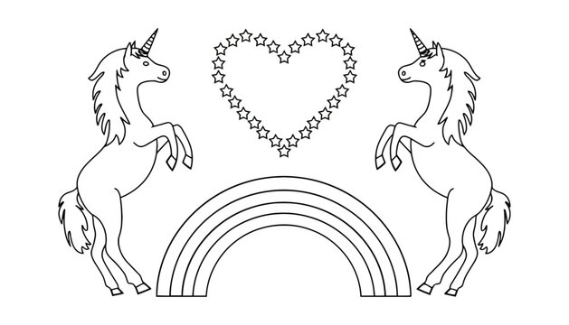 Unicorn coloring page with rainbow and heart of stars outline