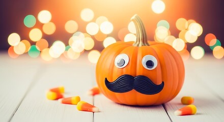 A whimsical halloween pumpkin with googly eyes and a mustache, candy corn, and bokeh lights creating a fun and festive autumn scene
