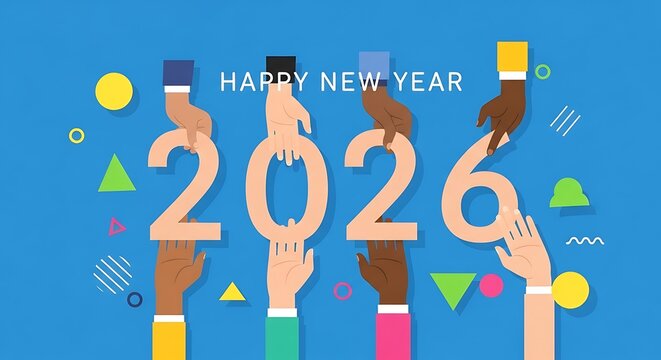 Diverse hands holding up the numbers 2026 to celebrate the upcoming new year with colorful abstract shapes