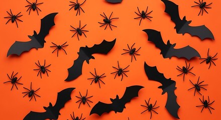 A spooky halloween pattern of black bats and spiders scattered across a vibrant orange background, creating a festive and eerie atmosphere
