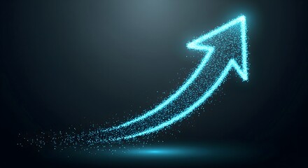 Bright glowing particle arrow moving upward on a dark background symbolizing business success, growth, and progress.