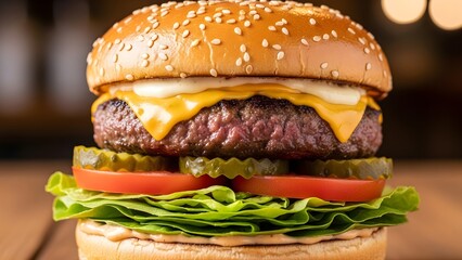 Close-up of a big, fresh burger with melted cheese and crispy bacon on a golden sesame seed bun. Juicy beef patty, fresh lettuce, ripe tomato slices, pickles