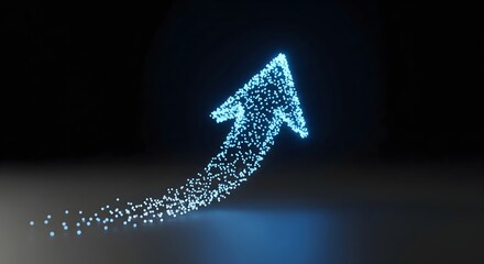 Abstract glowing blue particle arrow moving upward on a dark reflective surface, representing success, growth, and technological progress.