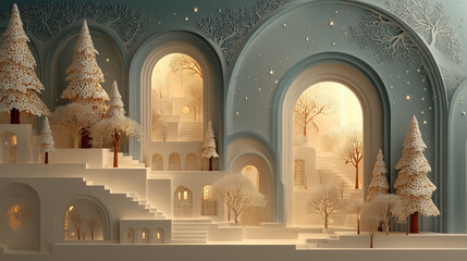 Whimsical paper cut winter village with glowing windows and snowy trees inside ornate arches, festive miniature landscape