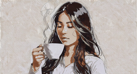 Digital watercolor painting of a young woman drinking coffee in cafe.