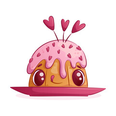 Cute cupcake decorated with hearts on a white background. A smiling character. The concept of love, Valentine's day. Isolated cartoon vector illustration for the design of postcard, textile, sticker