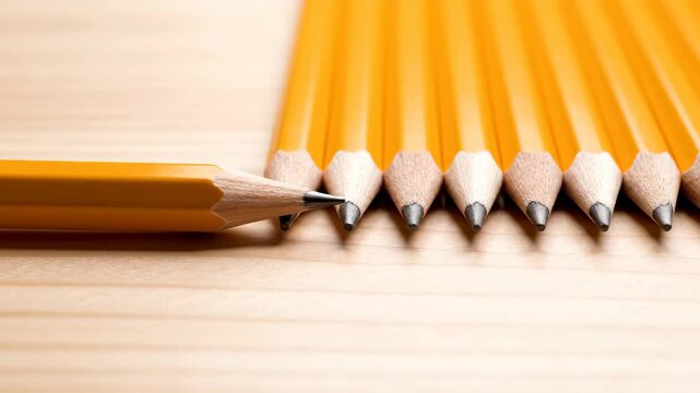 Single sharp pencil points left, facing a row of matching pencils lined up neatly, illustrating concepts of leadership, individuality, and differentiation from a uniform group