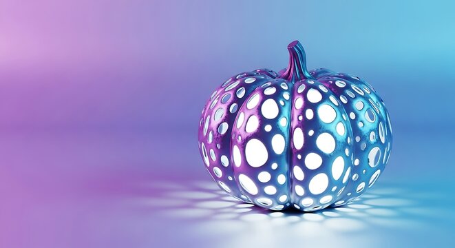 A captivating closeup of a futuristic, glowing pumpkin with intricate cutouts, bathed in vibrant neon lights, casting mesmerizing shadows on a smooth surface