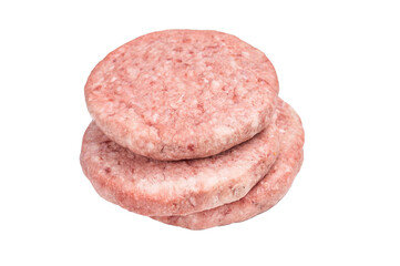 Close up of a juicy raw meat patty cutlet, ideal for crafting mouthwatering sandwiches and savory dishes. isolated on white background. top view